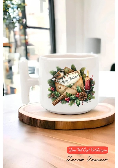 Yeni Yıl Yılbaşı Noel Tasarımlı T Kulp Seramik Kupa 65 Beyaz