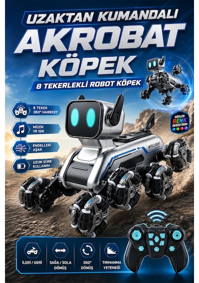 Uzaktan Kumandalı 8 Tekerli Akrobat Wall-e Benzeri Oyuncak Robot Köpek Araba 25 Cm. Gri