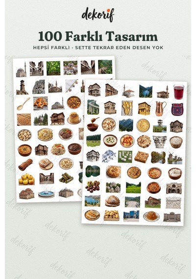 Bolu Sticker Seti 100 Adet - Göynük Evleri Yedigöller Mengen Pilavı Gerçekçi Ajanda Journal Çıkartma Çok Renkli