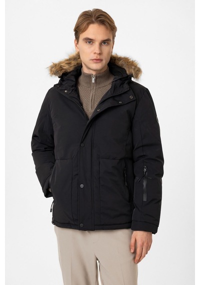 Back And Bond Siyah Regular Fit Kapüşonlu Kürklü Puffer Mont Çok Renkli