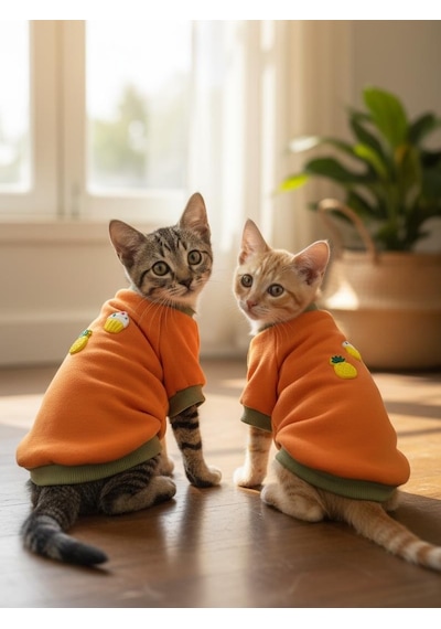 Kemique Pineapple And Ice Cream Turuncu Haki Kedi Polar Sweatshirt Ve Bere Takım Kedi Kıyafeti