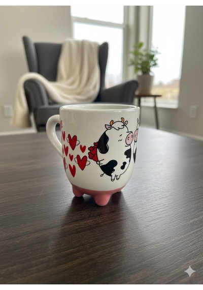 İnek Kupa 07 El Yapımı 3d Krem Parlak Kupa - El Yapımı Seramik Kupa Açık Ahşap