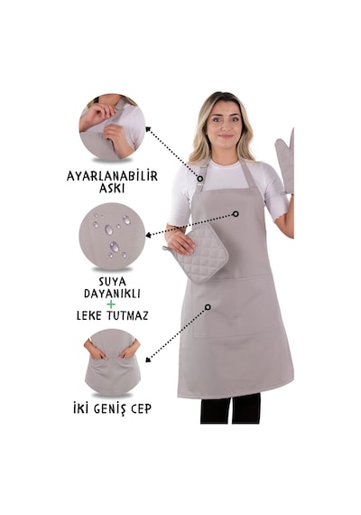 Simple 3lü Set Ayar Askılı Mutfak Önlüğü Seti Eldiven, Tutacak Açık Gri