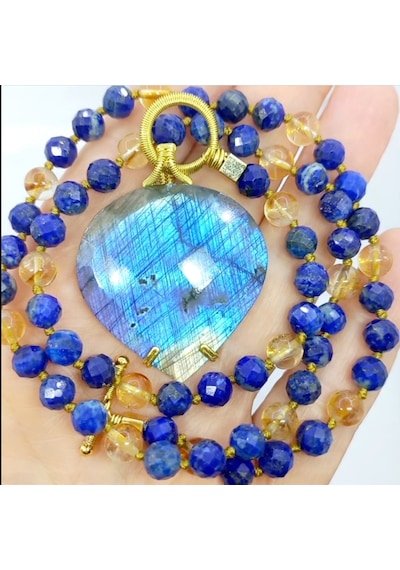 Sibelce 2168 Labradorit Lapis Lazuli Sitrin El Yapımı Düğümlü Kolye Çok REnkli
