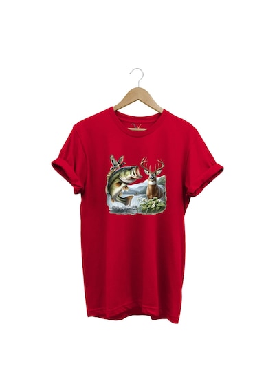 Balıkçılık Ve Avcılık Temalı Geyik, Ördek Ve Turna Balığı Baskılı %100 Pamuk Regular Fit T-shirt Kırmızı