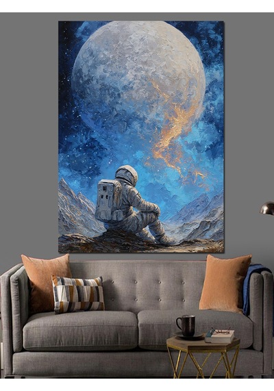 Ahşap Tablo Ayda Oturan Yalnız Astronot