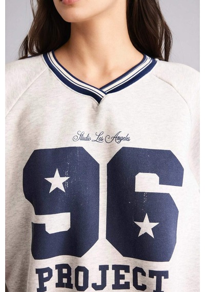 Defacto Oversıze V Yaka Baskılı Kalın Kumaş Sweatshirt G9597ax26spgr256 Gri-gr256
