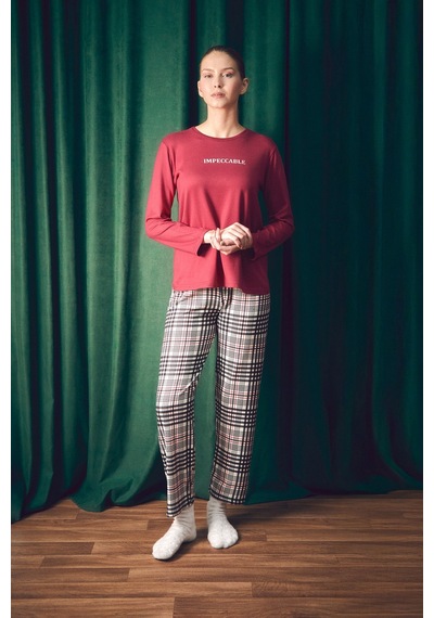 Fullamoda Yazı Baskılı Bisiklet Yaka 2 Li Pijama Takımı 24mıcg631216539-bordo Bordo