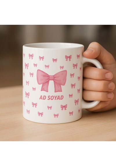 Pembe Kurdele Detaylı Kişiselleştirilebilir Özel Baskılı Kupa Bardak Beyaz