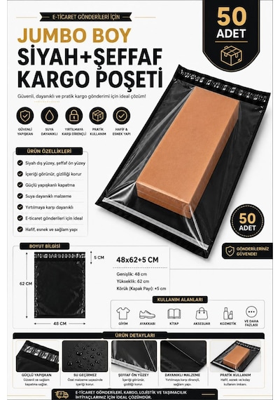 Northcity Jumbo Boy Siyah Şeffaf Kargo Poşeti 48x62+5 Cm 50 Adet