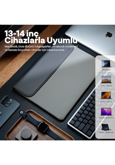 Woyax Cleanfit 13-14 İnç Gri Laptop Çantası Su Geçirmez Apple Macbook Uyumlu Kılıfı Apple iPad Tablet El Çantası