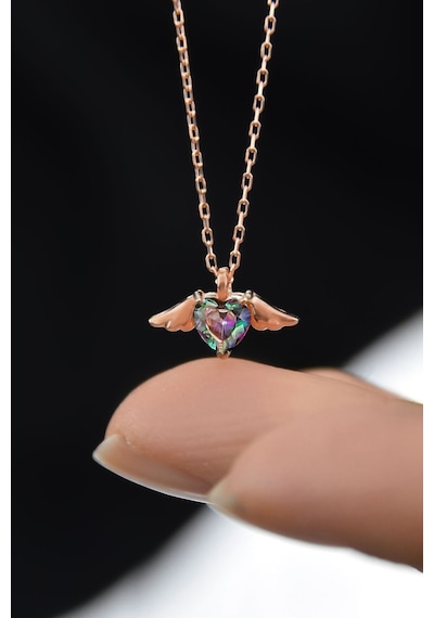 925 Ayar Gümüş Rose Kaplama Mistik Topaz Taşlı Kalp Kanat Kolye UVPTS100533
