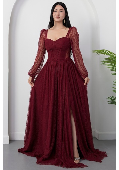 Kalopya Kalp Yaka Uzun Kol Dantel Elbise Ecr5733 Bordo