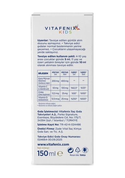 Kara Mürver Ekgerginliki, C Vitamini Ve Çinko İçeren Çocuklar İçin Sıvı Takviye Edici Gıda 150 Ml