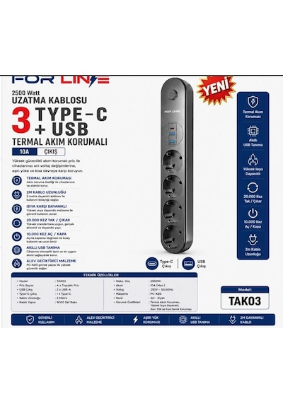 Forline Tak03 4'lü 2mt 1type-c+2usb Çıkışlı Akım Korumalı Grup Priz 2 M