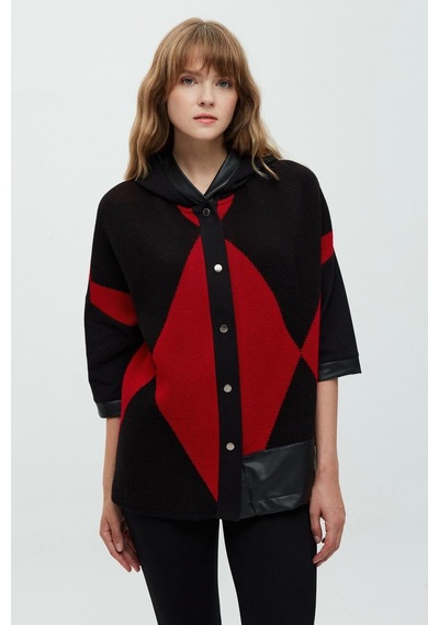 Daido Oversize Kapüşonlu 3/4 Kol Kadın Hırka - Geometrik Desen Kırmızı