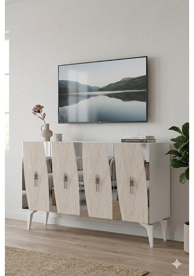 Ka1213bts Elips Konsol Ve Tv Sehpası Beyaz-traverten-silver 120cm