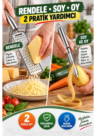 2'li Set Paslanmaz Çelik Rende Ve Soyacak Oyacak Peynir Sebze Patates Limon Çikolata Mutfak Gereci Gümüş