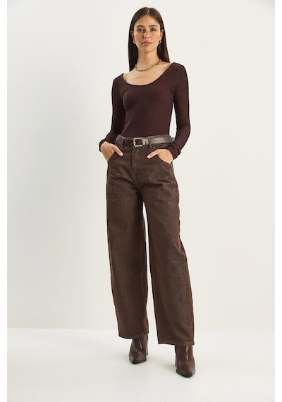 Shade Kadın Cep Detaylı Kemerli Baggy Denim Pantolon 5288 60283781 - Kahverengi