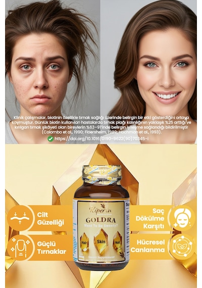 Kiperin Goldra Cilt, Saç Ve Tırnak Biotin, Keratin, Üzüm Çekirdeği, Hyaluronik Asit 30 Kapsül