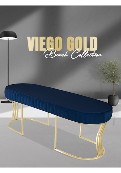Viego Gold Striped- Mavi Kapitoneli Chester Model Puf & Bench & Koltuk & Uzun Makyaj Puff & Yatak Ucu &önü