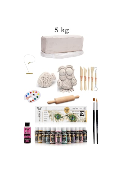Vakumlu Çamuru Beyaz 5 Kg Rich Master Mix 60cc Akrilik 12'li Metalik Renk Seramik Başlangıç Seti