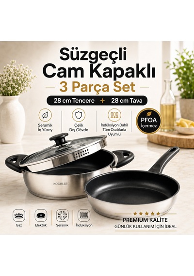 28 Cm Seramik İç Yüzeyli Çelik Tencere Tava Seti, Süzgeçli Cam Kapaklı 3 Parça, Tüm Ocak Uyumlu Gümüş