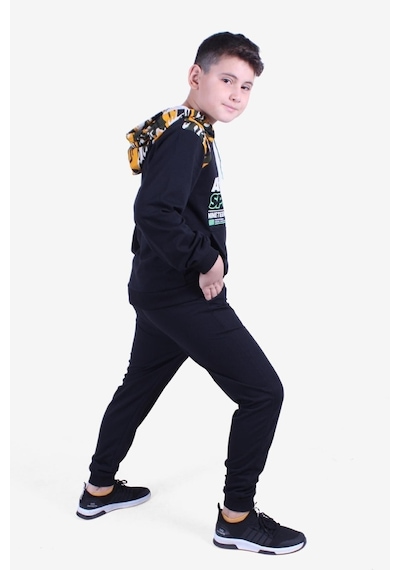Fyk Kids Kanguru Cepli Kamufulaj Desenli Kapşonlu Bağcıklı Alt-üst Eşofman Takımı Siyah - Sarı