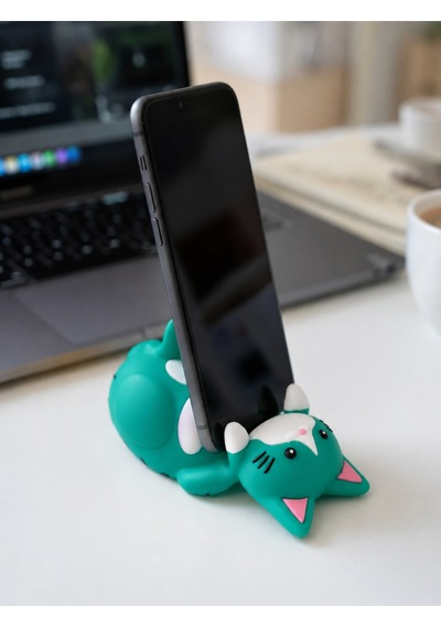 Yeşil Kedi Figürlü Telefon Tutucu Stand - 3d Baskı Ofis Masaüstü Aksesuarı Ve Biblo