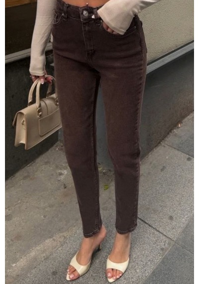 Balenbi Kadın Yüksek Bel Yıkamalı Mom Jean Likralı Kot Pantolon 1244 Kahverengi W129