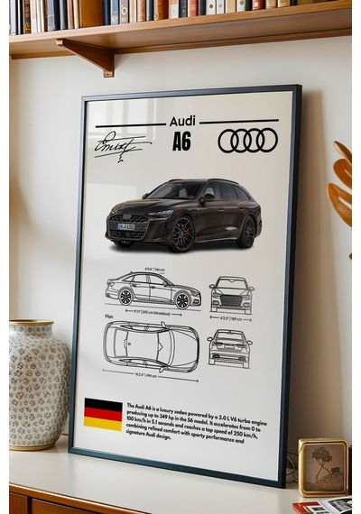 Audi A6 Tablo - Teknik Özellikli Alman Lüks Sedan Poster - Çerçeveli Duvar Dekoru - Araba Blueprint Siyah