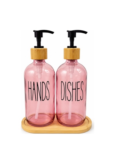 Relly Bambu Standlı İkili Cam Sabunluk Seti 2 X 500 Ml Hands & Dıshes Pembe