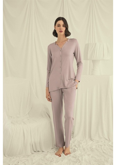 İkikareshop Uzun Kollu Düğmeli V Yaka Pijama Takımı Çok Renkli