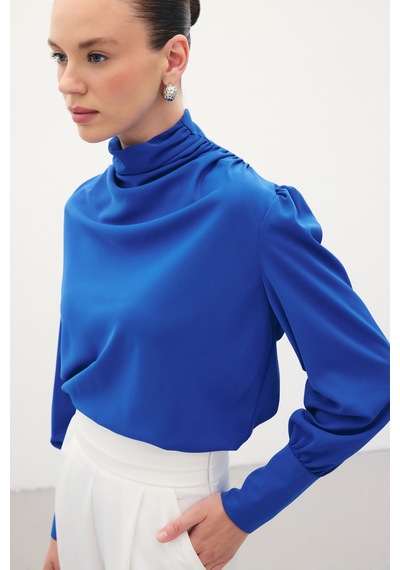 Sateen Drape Detaylı Bluz - Sax Mavi