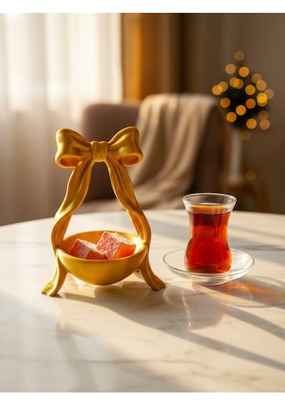 Fiyonk Tasarımlı Altın Kahve Yanı Çikolatalık 4 Lü Set Dekoratif Sunumluk & Lokumluk Şık Kahve Aksesuarı 4 Adet