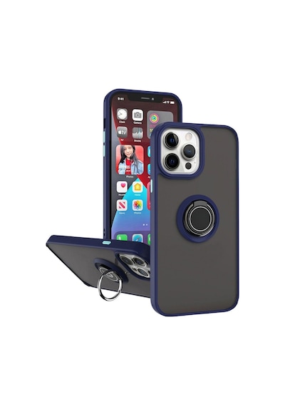 Apple Uyumlu iPhone 11 Pro Max Kılıf Yüzüklü Standlı Extra Darbe Koruma Sert Silikon Kapak Lacivert