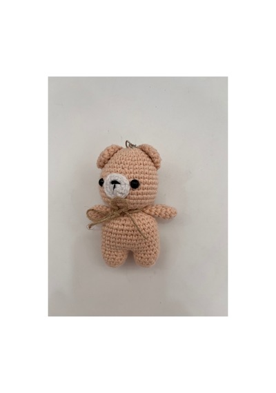 El Yapımı Amigurumi Ayıcık Anahtarlık - Örgü Figür, Jüt Fiyonklu 9-10 Cm Koyu Krem Koyu Krem