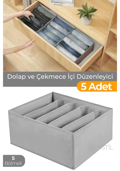 Serstil 5 Adet - 5 Bölmeli Dolap Ve Çekmece Içi Düzenleyici Saklama Kutusu Organizer - Antrasit