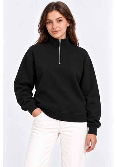 DefyModa Üç İplik İçi Şardonlu Dik Yaka Yarım Fermuarlı Kışlık Sweatshirt - Siyah