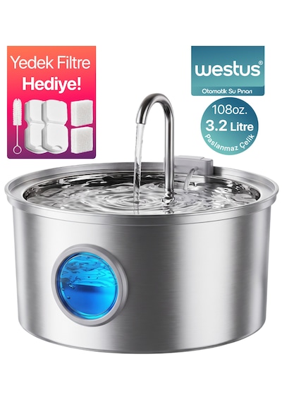 3.2 L Premium Paslanmaz Çelik Kedi Ve Köpek İçin Su Pınarı & Su Sebili Ultra Sessiz Su Seviyesi Led Göstergeli Yedek Filtre Hediye