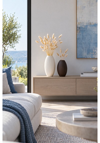 Pinterest 2'li Vazo Set - Modern Salon Dekoru, Hediyelik - Hindistan Cevizi Dokulu - Beyaz/acı Kahve