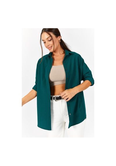 Armonika Kadın Koyu Yeşil Oversize Uzun Basic Gömlek Arm-22y001118