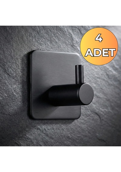 4 Adet Gancio Siyah Kendinden Yapışkanlı Paslanmaz Çelik Topuzlu Askılık - Havlu Askısı Mat Siyah