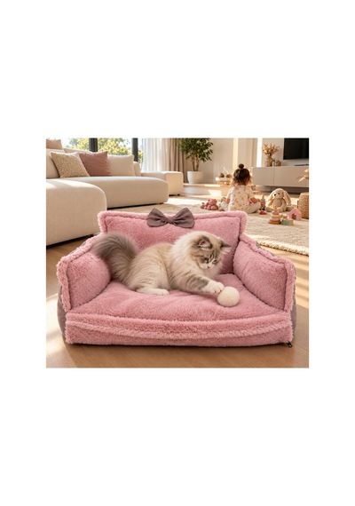 Peluş Fiyonklu Kedi Ve Köpek Koltuğu Tamamen Fermuarlı Çıkarılabilir İç Minder Boncuk Elyaf Kaydırmaz Taban Kedi Ve Köpek Yatağı Pembe Peluş Lila 1715024398