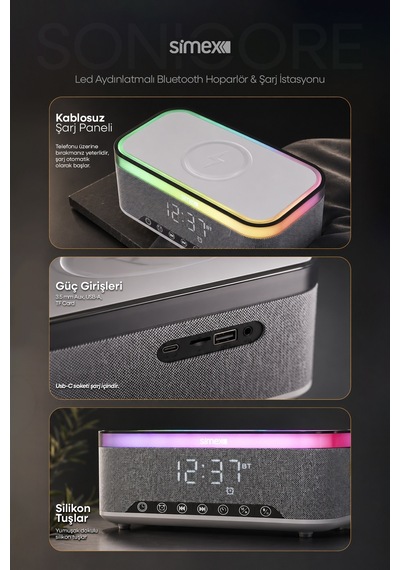 15w Kablosuz Şarj Standlı Bluetooth Hoparlör Yüksek Sesli Tws Ledli Speaker Taşınabilir Dijital Saat