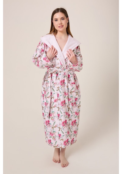 Peonia Fiore Desenli Dijital Baskılı Kapüşonlu Bornoz Pembe