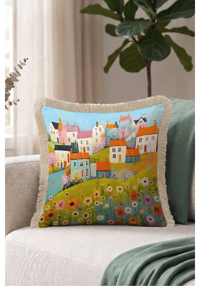 Çiçekli Köy Manzaralı Pastel Saçaklı Yastık Kılıfı - Kır Evleri Boho Krem Püsküllü Kırlent Kılıfı Sakin Esinti Aura Çiçekli Köy Manzaralı Pastel Saçaklı Yastık Kılıfı - Kır Evleri Boho Krem Püsküllü Kırlent Kılıfı Sakin Esinti Aura