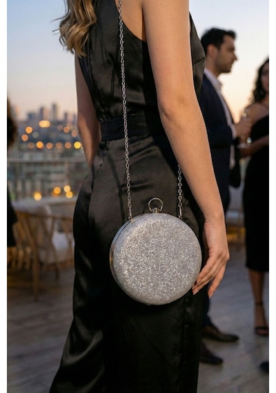 Vivazzaluxe Modern Yuvarlak Model Simli Düğün Nişan Gelin Kadın Abiye Clutch Çanta Gümüş