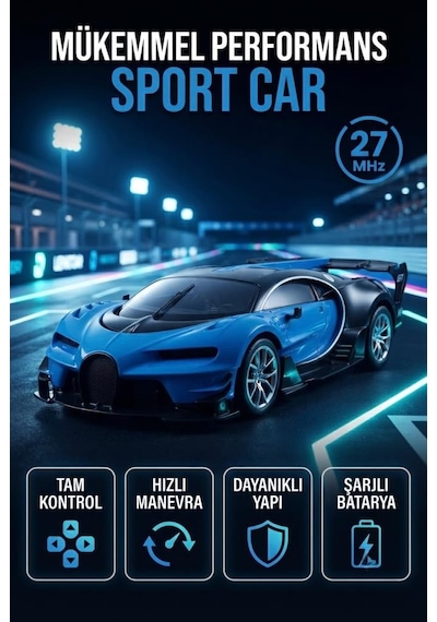 Bugatti Tasarımlı 1:14 Ölçekli 5 Kanal Uzaktan Kumandalı Şarjlı Spor Model Yarış Arabası Mavi