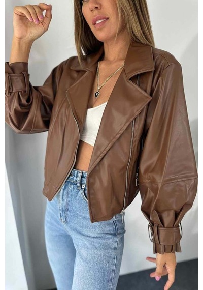 Laleli Butik Kadın Siyah Oversize Deri Ceket Taba Taba